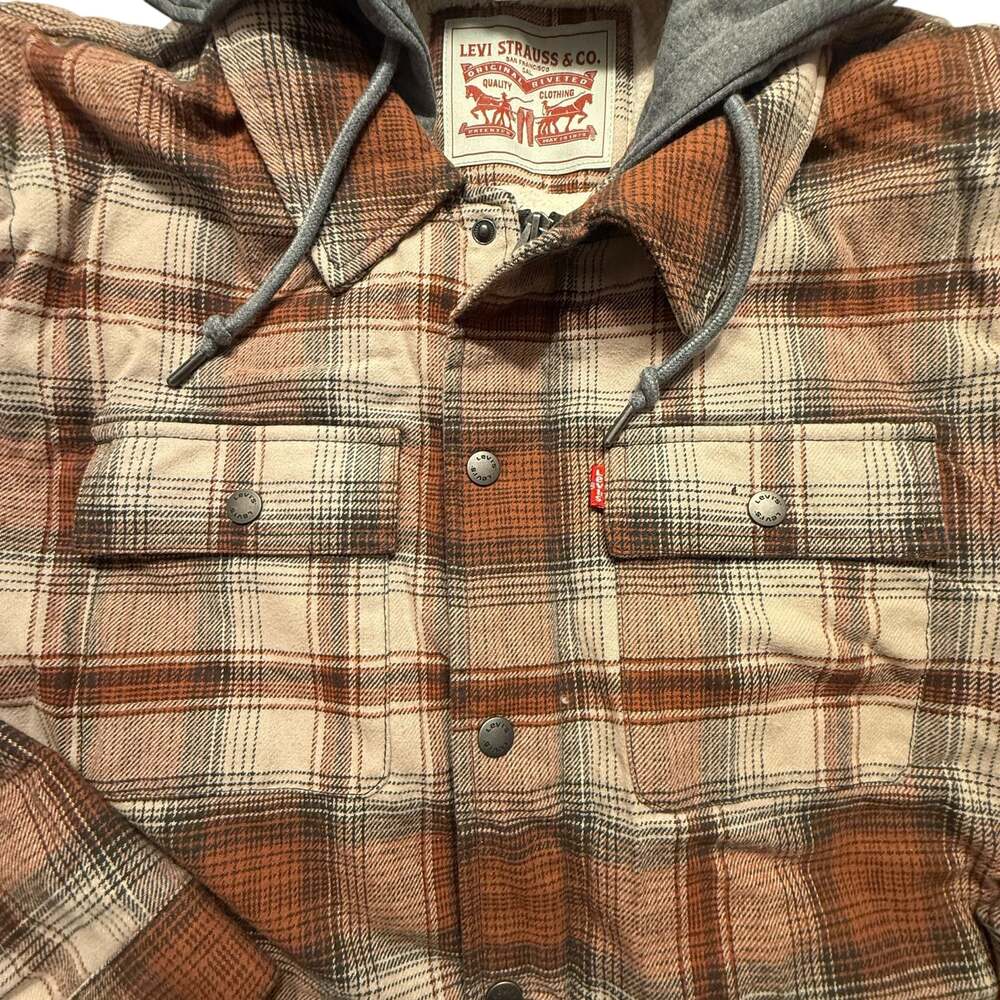 Levi's Men's Brown Ombre Plaid Sherpa-Lined Flannel Lrg Jacket with Jersey Hood - Picture 11 of 11